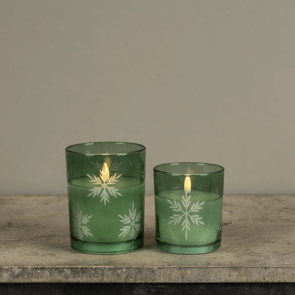 5" GREEN THICK GLASS W/ SNOWFLAKES 3D FLAME CANDLE