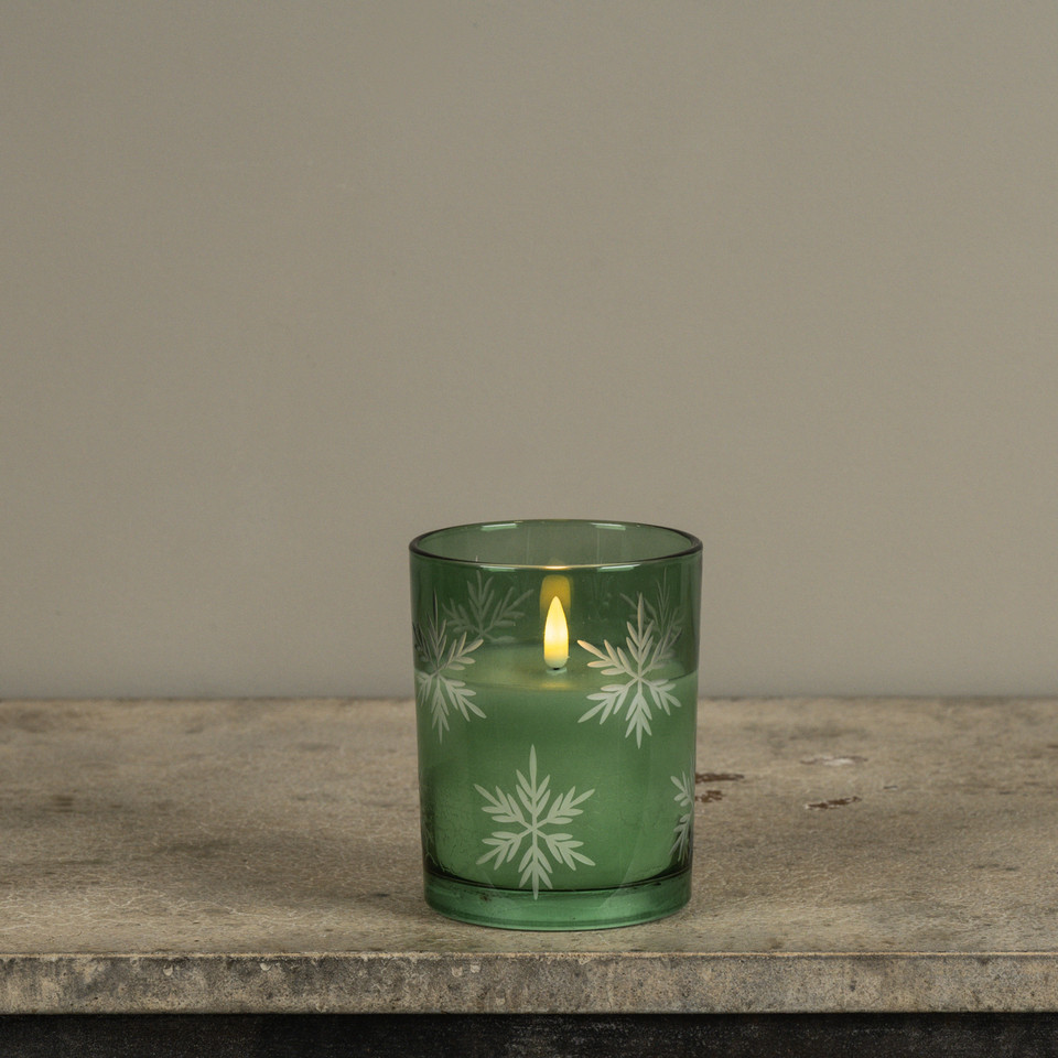 5" GREEN THICK GLASS W/ SNOWFLAKES 3D FLAME CANDLE