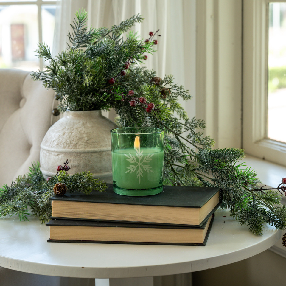 4" GREEN THICK GLASS W/ SNOWFLAKES 3D FLAME CANDLE