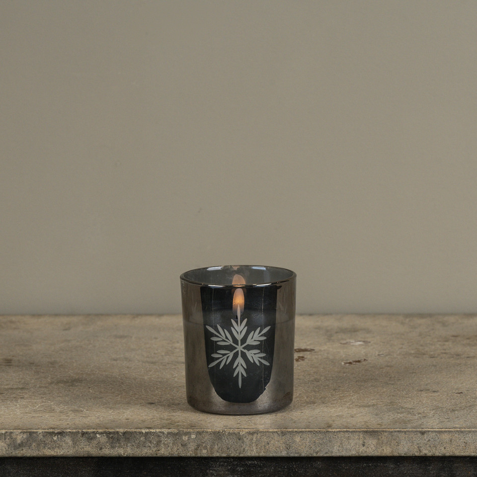 4" CHARCOAL THICK GLASS W/ SNOWFLAKES 3D FLAME CANDLE