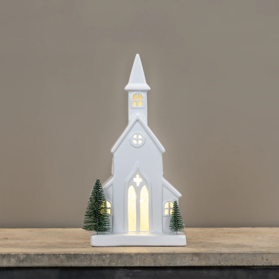 12" LIGHTED CERAMIC HOLIDAY CHURCH