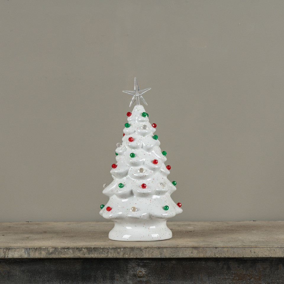 12" WHITE CERAMIC TREE W/ HOLIDAY LIGHTS