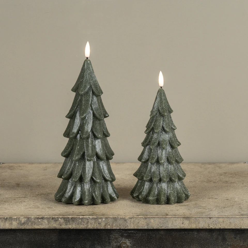 8" GREEN SHIMMER 3D FLAME ALABASTER PINE TREE CANDLE