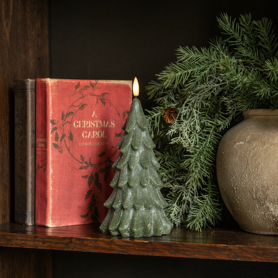 8" GREEN SHIMMER 3D FLAME ALABASTER PINE TREE CANDLE
