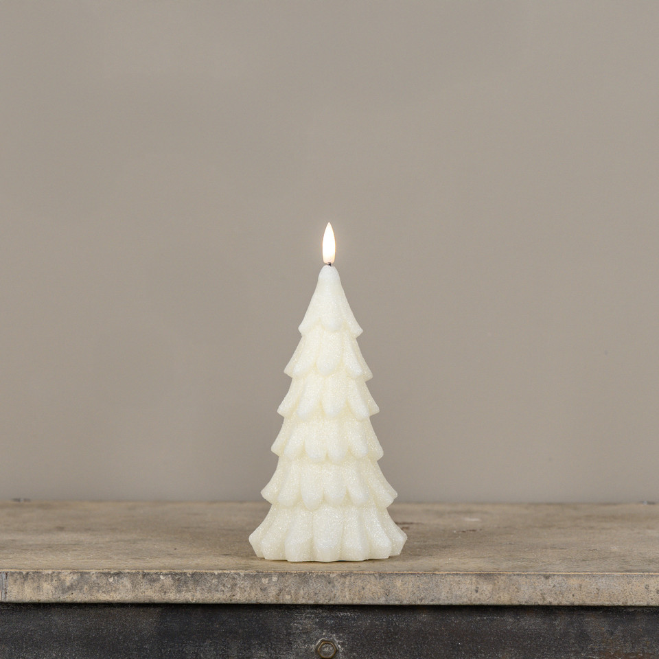 8" CREAM SHIMMER 3D FLAME ALABASTER PINE TREE CANDLE