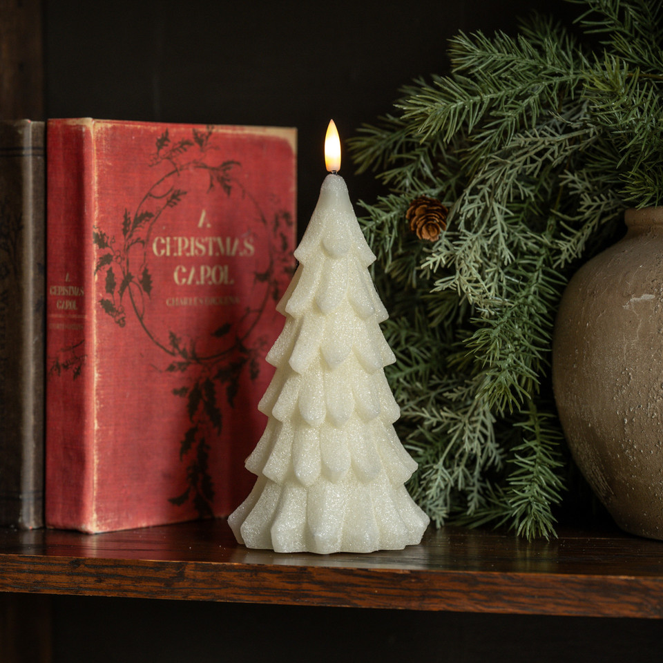 8" CREAM SHIMMER 3D FLAME ALABASTER PINE TREE CANDLE