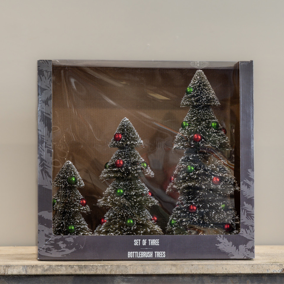 SET/3 SNOWY BOTTLEBRUSH TREES W/ ORNAMENTS