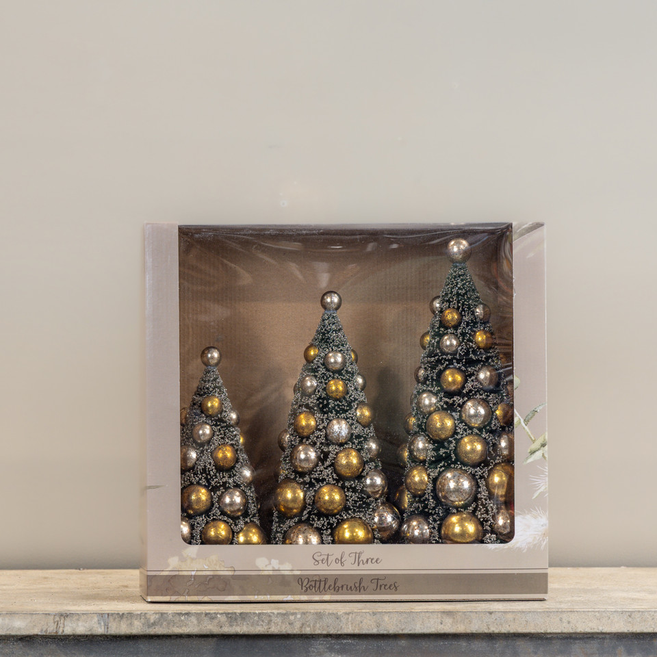 SET/3 BOTTLEBRUSH TREES W/ GOLD & SILVER ORNAMENTS