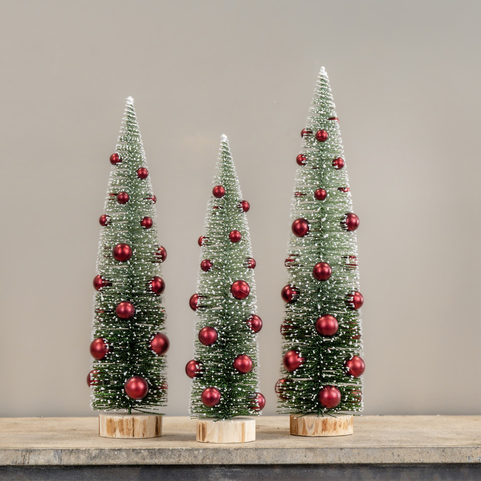SET/3 OMBRE BOTTLEBRUSH TREES W/ RED ORNAMENTS