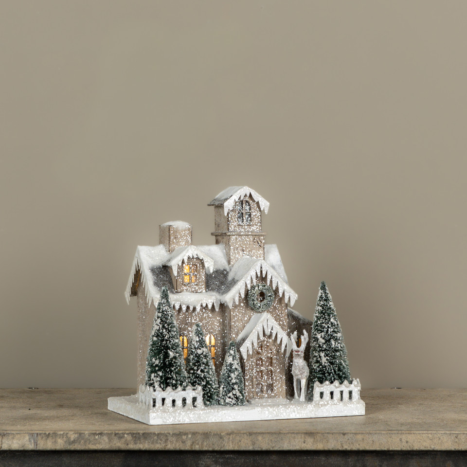 LIGHTED SNOW COVERED HOUSE W/ ARCHED WINDOWS