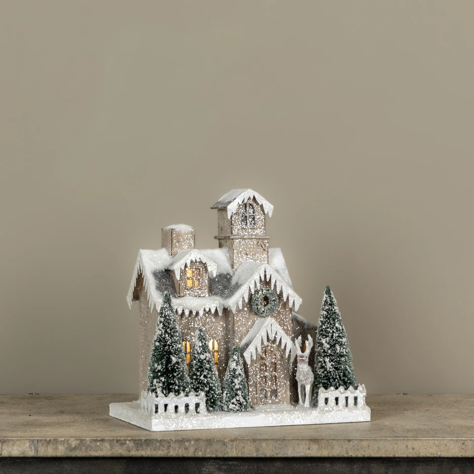 LIGHTED SNOW COVERED HOUSE W/ ARCHED WINDOWS