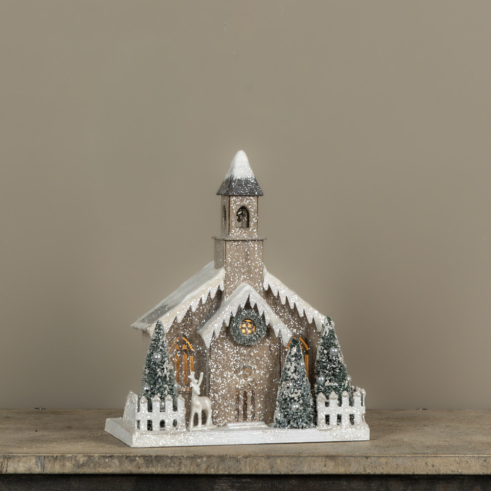 LIGHTED SNOW COVERED CHURCH W/ BELL