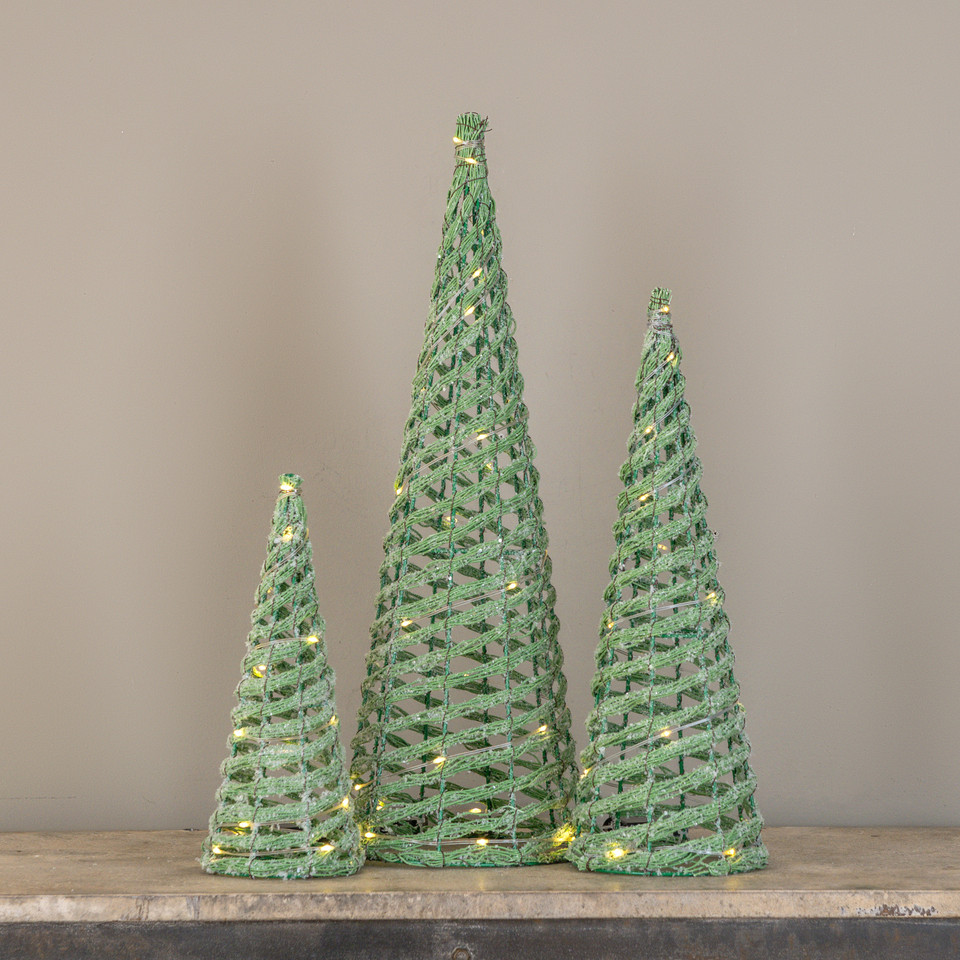 SET/3 LIGHTED GREEN CONE TREES