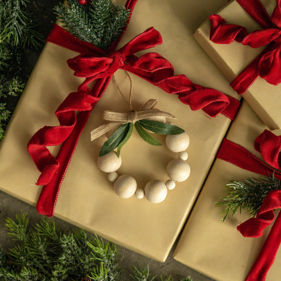 NATURAL WOOD BEAD WREATH ORNAMENT