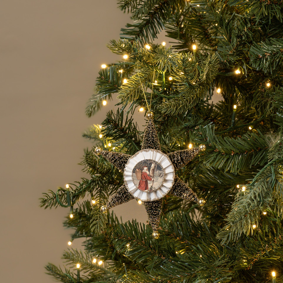GLITTERED GREEN STAR W/ SANTA ORNAMENT