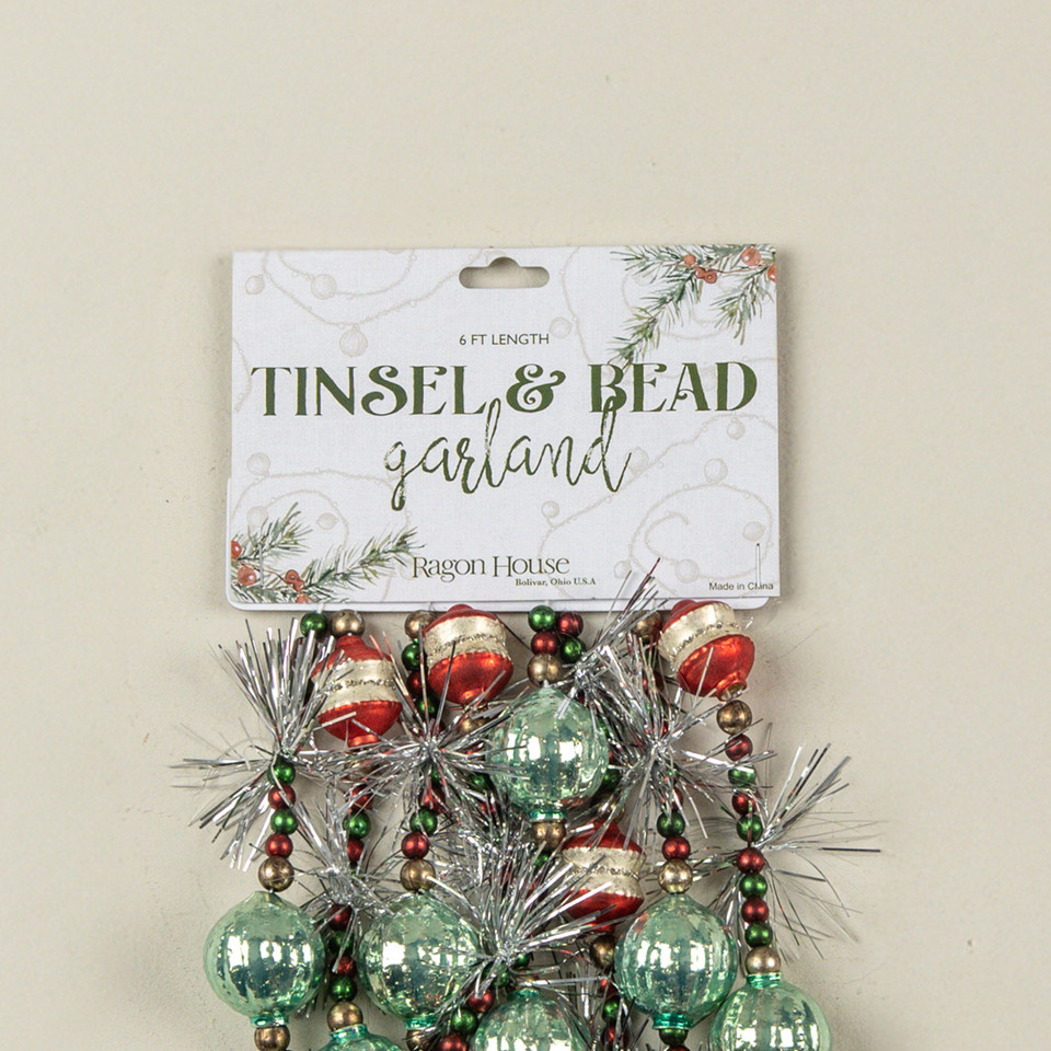 6' RED & TEAL BEADED GARLAND W/ SILVER TINSEL