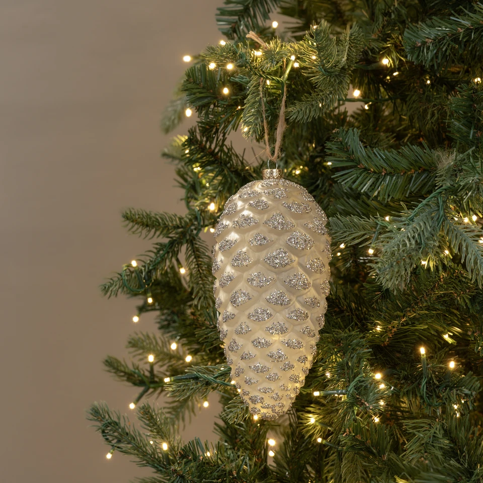 8.5" CREAM PINECONE W/ SILVER GLITTER ORNAMENT