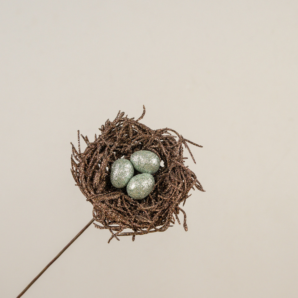 GLITTERED BIRD NEST W/ EGGS PICK