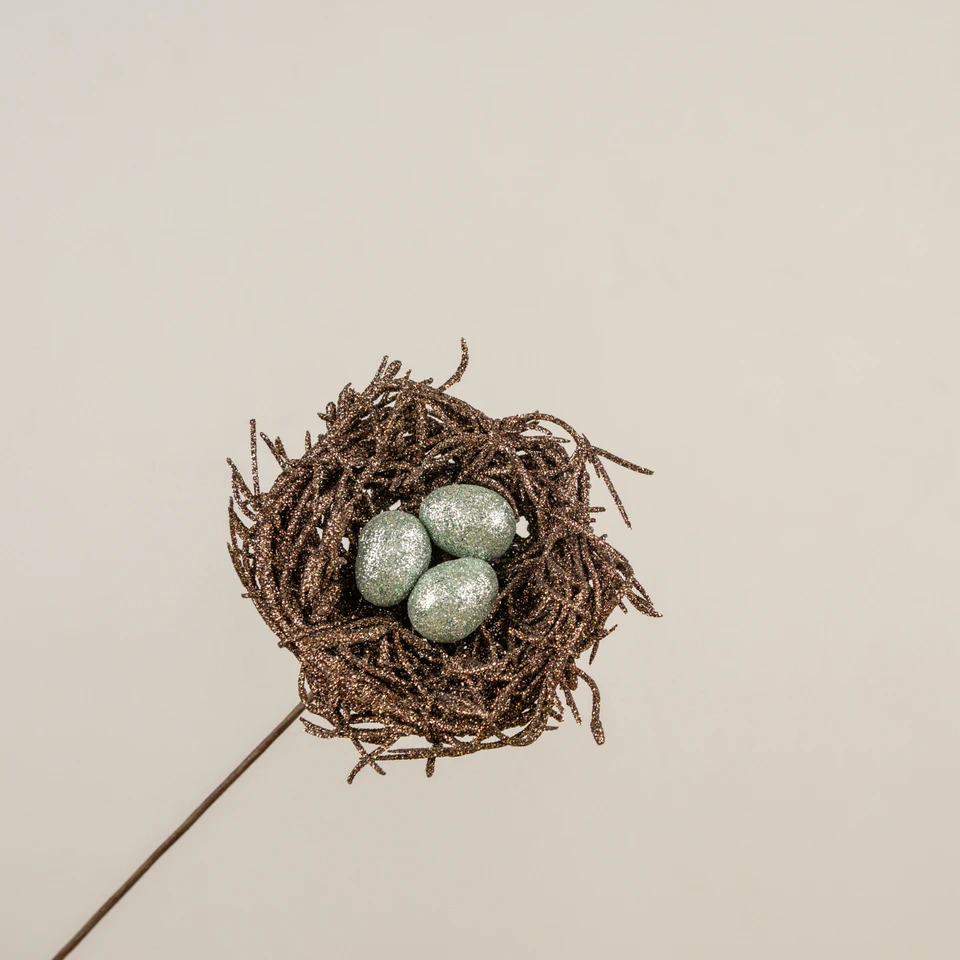 GLITTERED BIRD NEST W/ EGGS PICK