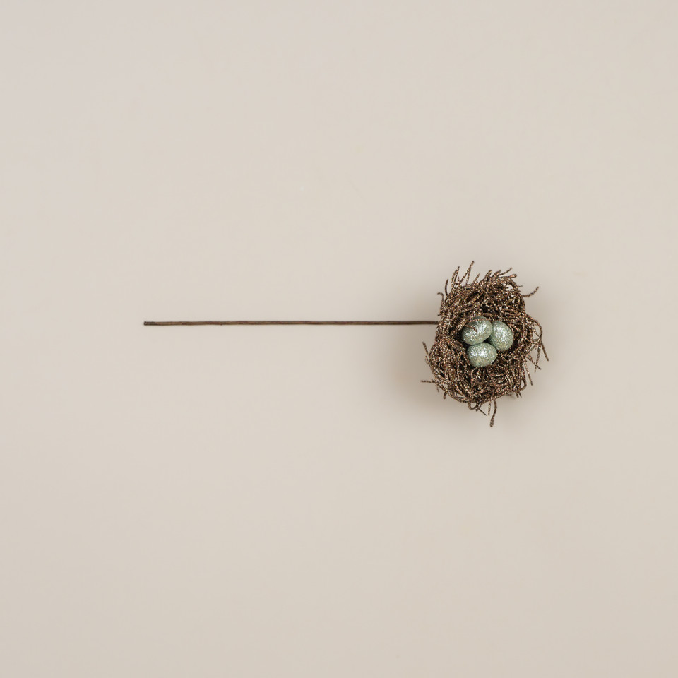 GLITTERED BIRD NEST W/ EGGS PICK