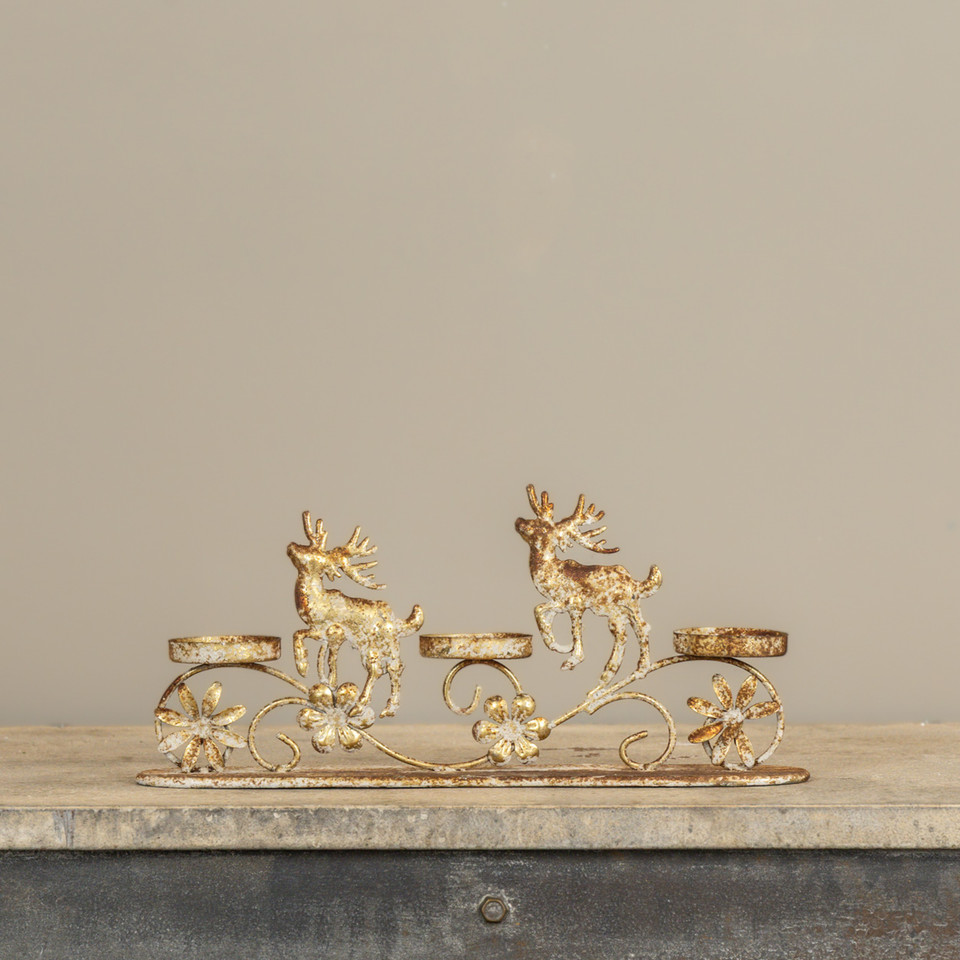 13" GOLD REINDEER PILLAR TEALIGHT HOLDER