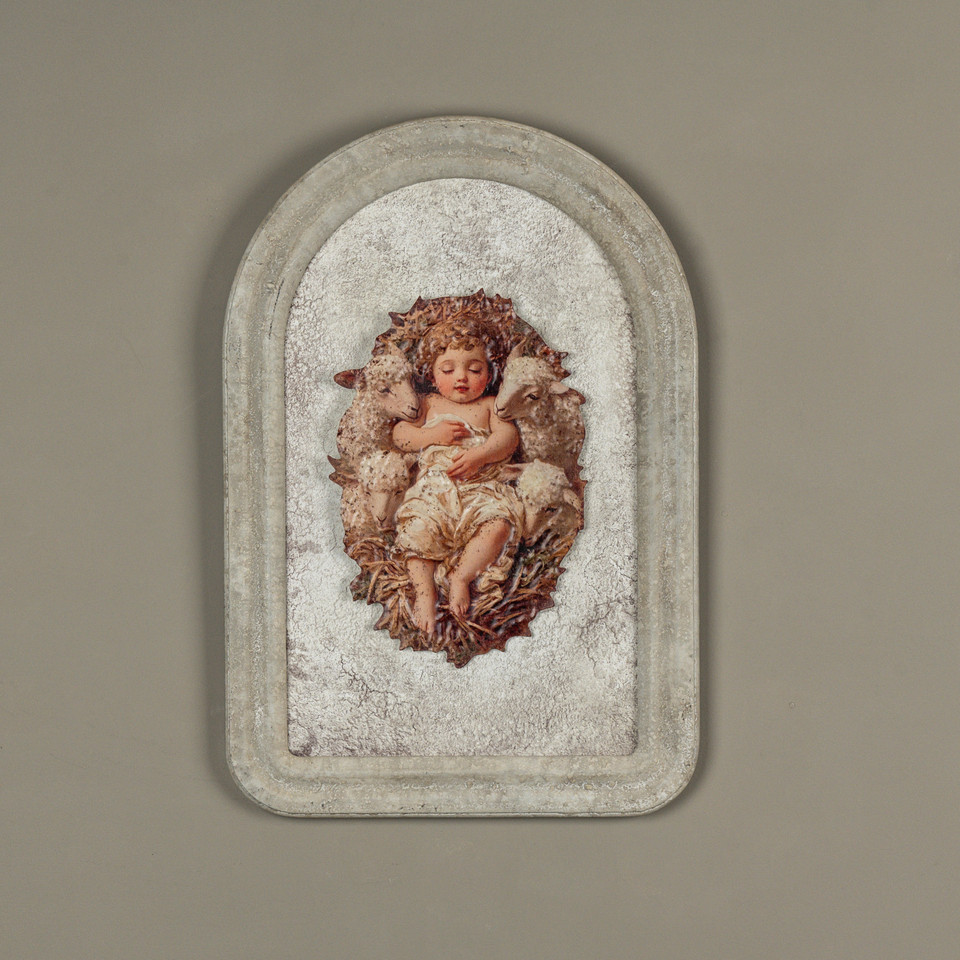 12" BABY JESUS W/ LAMBS METAL SIGN