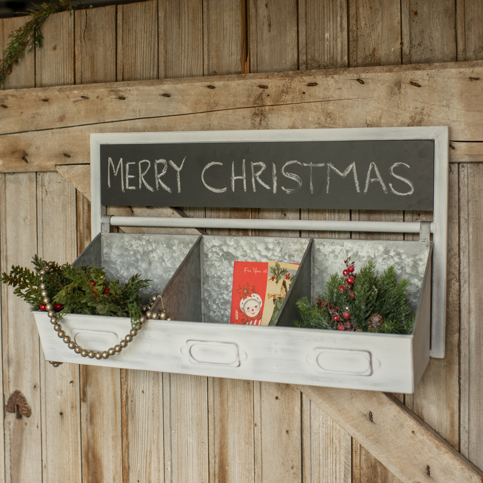 WHITE DIVIDED BIN & CHALKBOARD