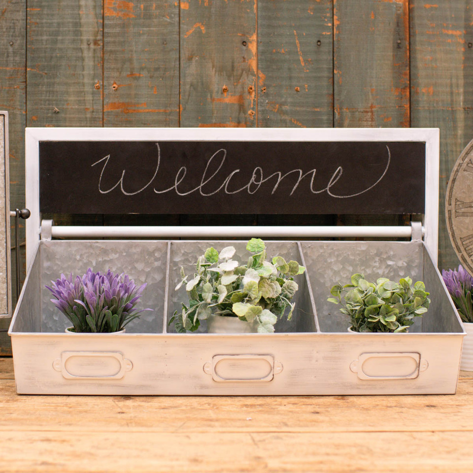 WHITE DIVIDED BIN & CHALKBOARD