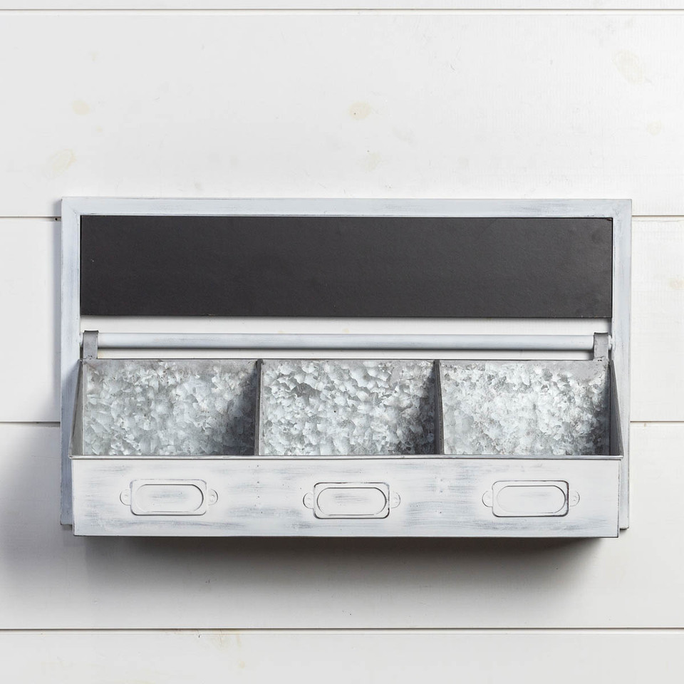 WHITE DIVIDED BIN & CHALKBOARD