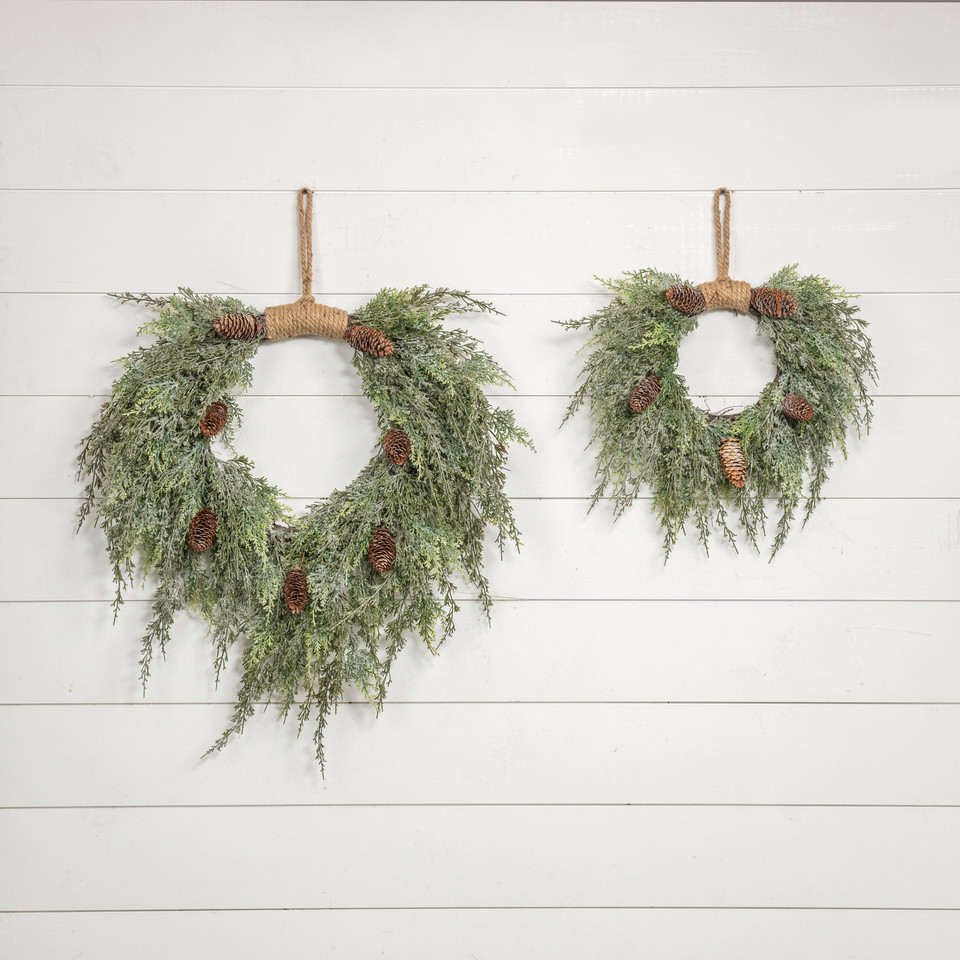28" DARK GREEN ICED CEDAR & CONES HANGING WREATH