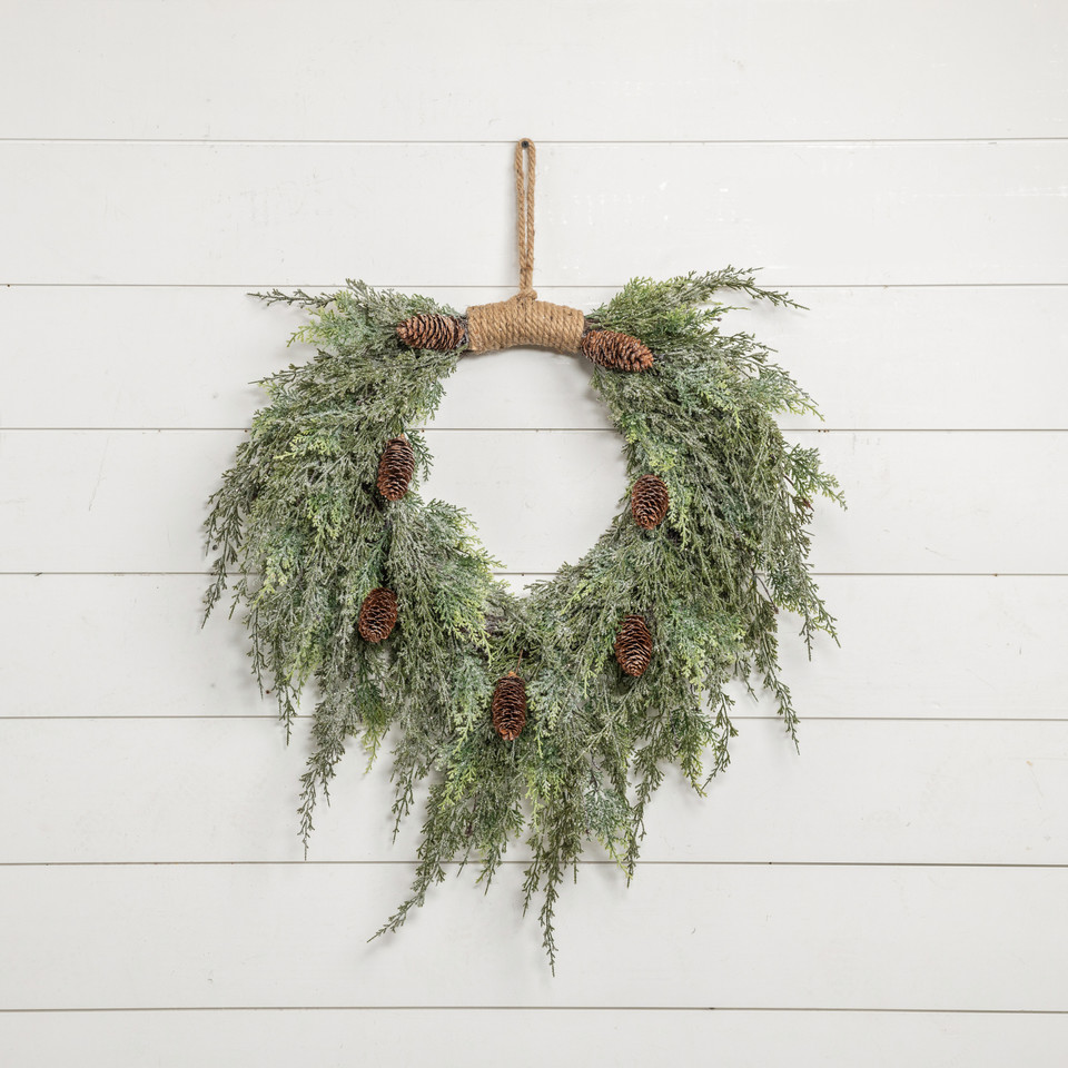 28" DARK GREEN ICED CEDAR & CONES HANGING WREATH