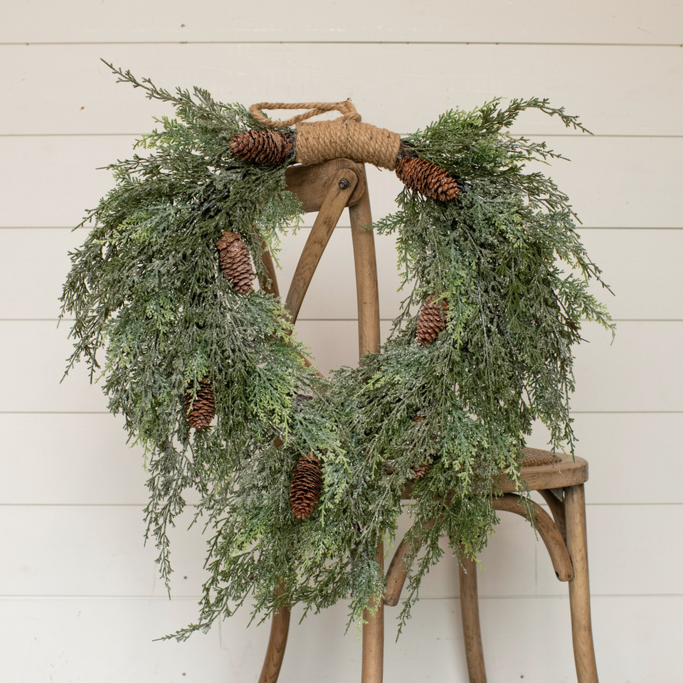 28" DARK GREEN ICED CEDAR & CONES HANGING WREATH