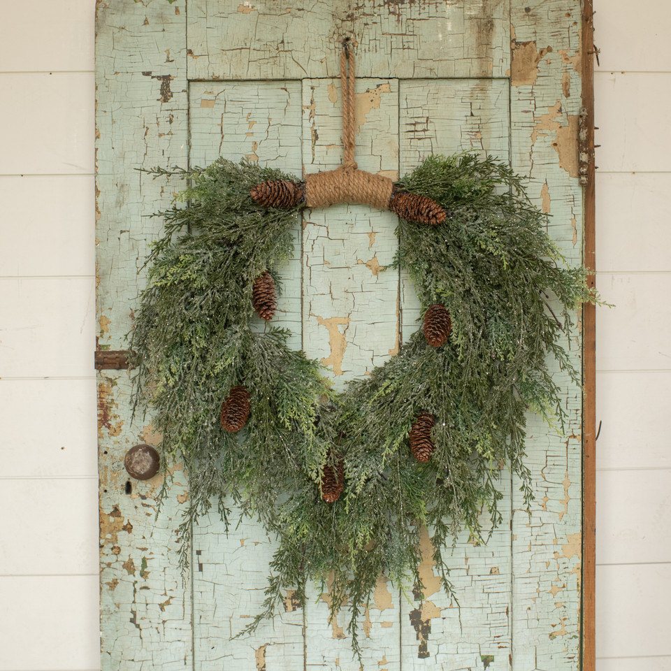 28" DARK GREEN ICED CEDAR & CONES HANGING WREATH