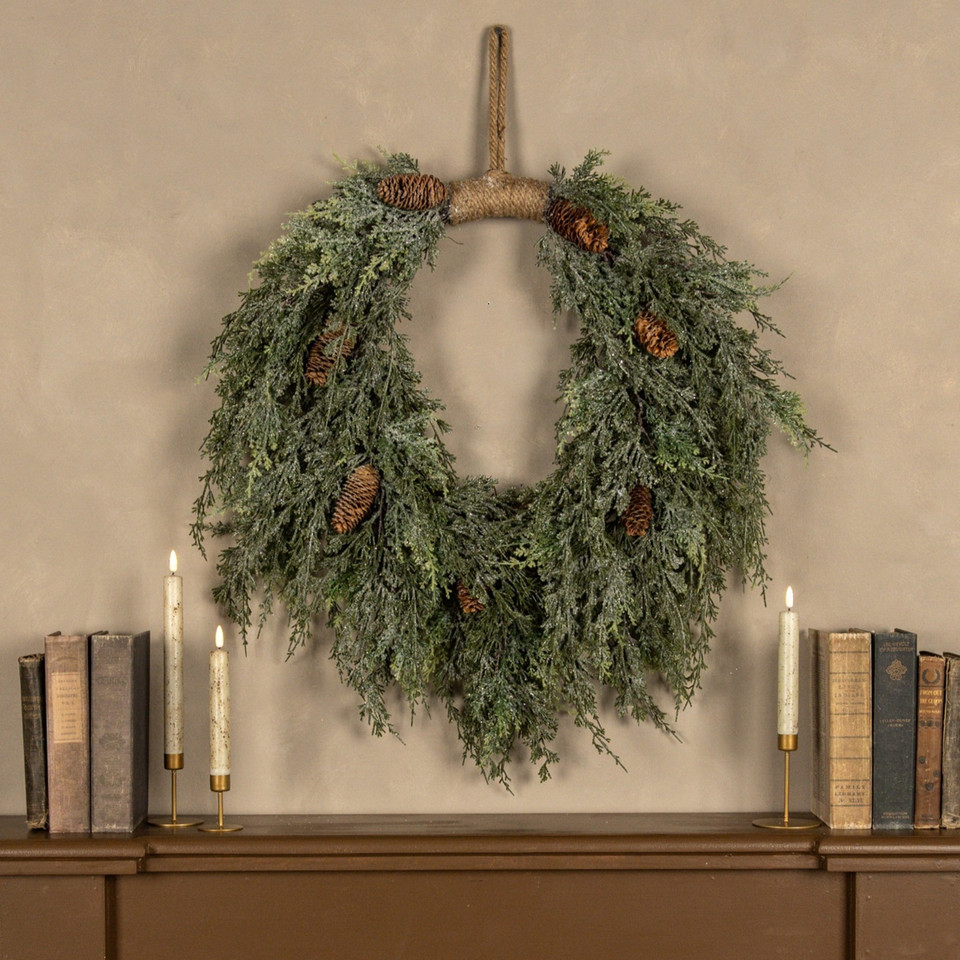 28" DARK GREEN ICED CEDAR & CONES HANGING WREATH