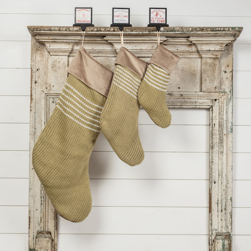 24" OLIVE STOCKING WITH WHITE STRIPES