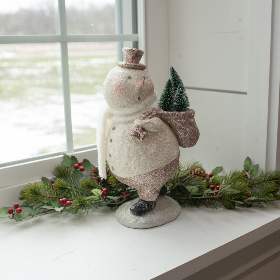12.5" SURPRISED SNOWMAN CARRYING TREES