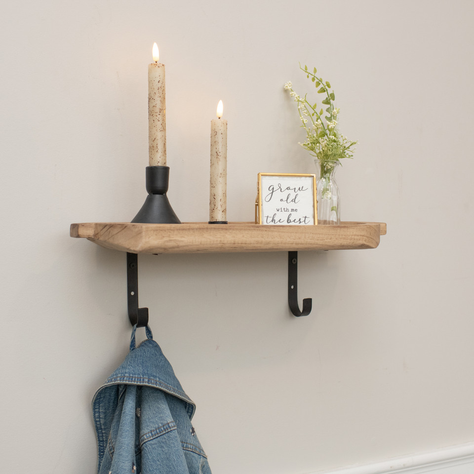 18" WOOD SHELF WITH WALL HOOKS