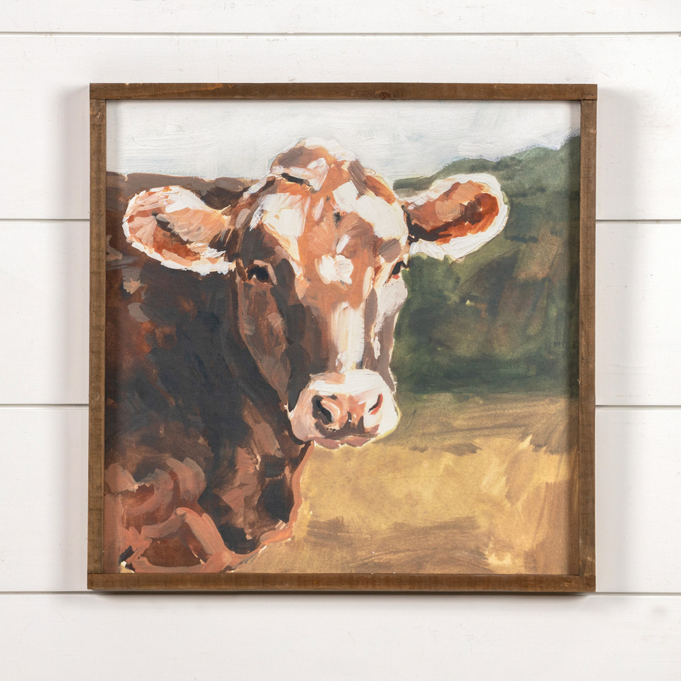 WOOD FRAMED BROWN NOSE COW SIGN