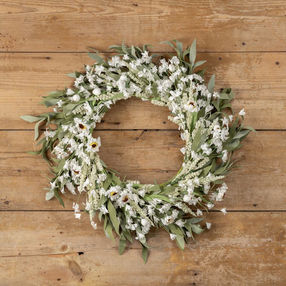 20" WHITE DAISY & CREAM HEATHER WREATH
