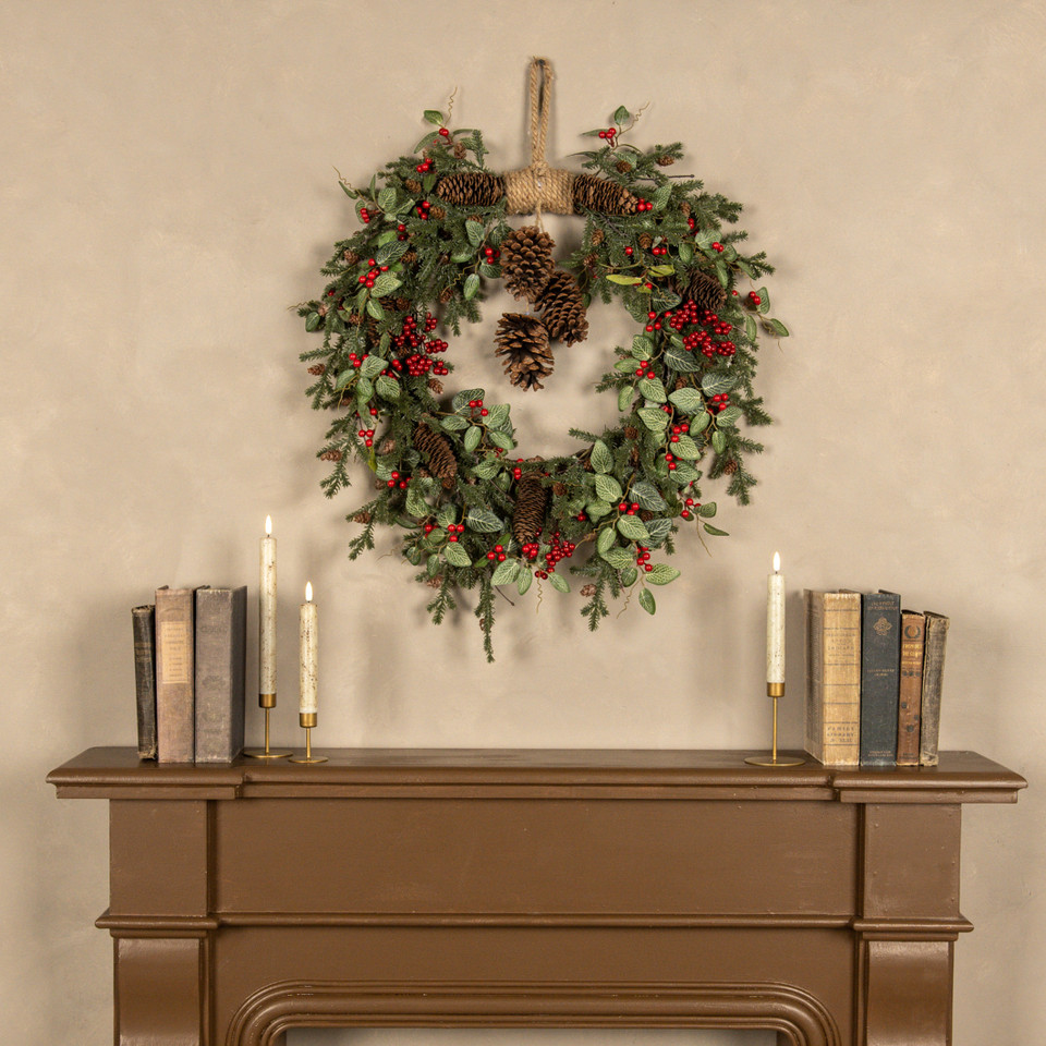 24" FITTONIA, HOLLY & PINE W/ BERRIES HANGING WREATH