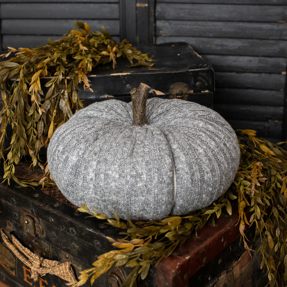 7.5" SILVER FLECKED GREY FABRIC PUMPKIN W/ FAUX WOOD STEM