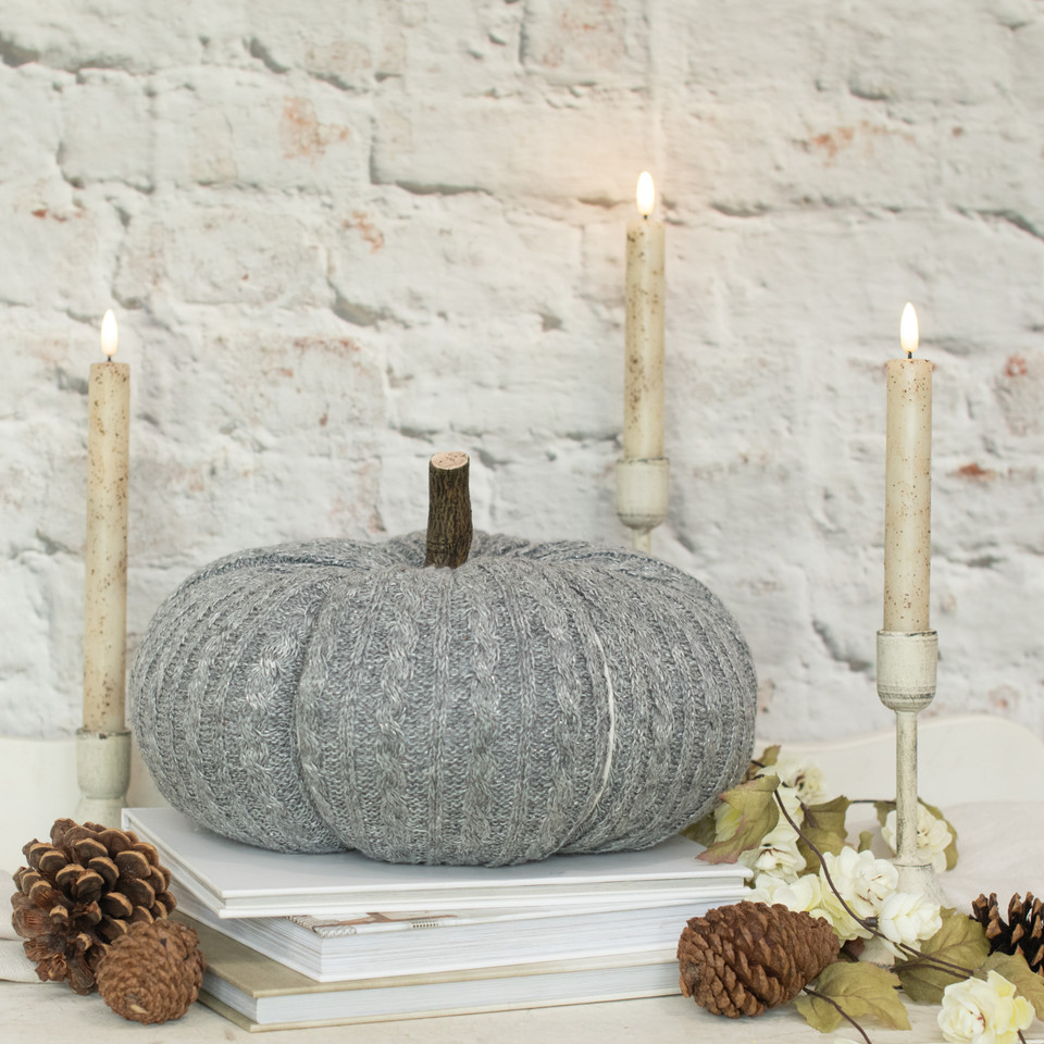7.5" SILVER FLECKED GREY FABRIC PUMPKIN W/ FAUX WOOD STEM