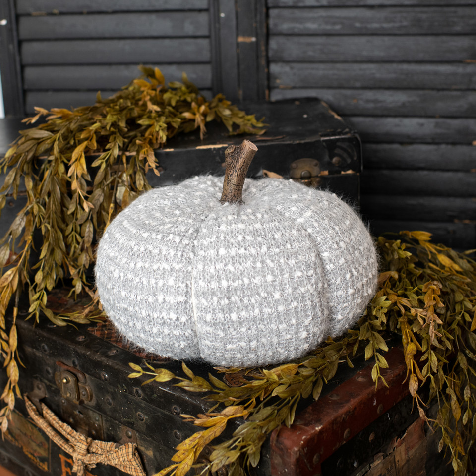 7.5" GREY & WHITE TEXTURED PUMPKIN W/ FAUX WOOD STEM