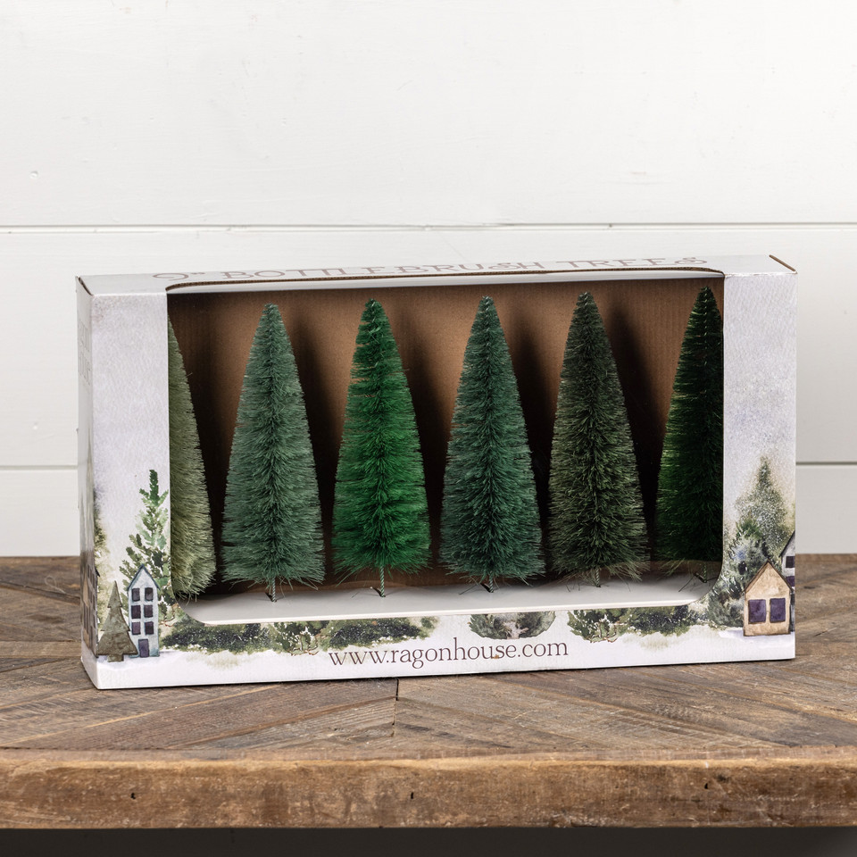 SET/6 - 9" GREEN HUES BOTTLE BRUSH TREES