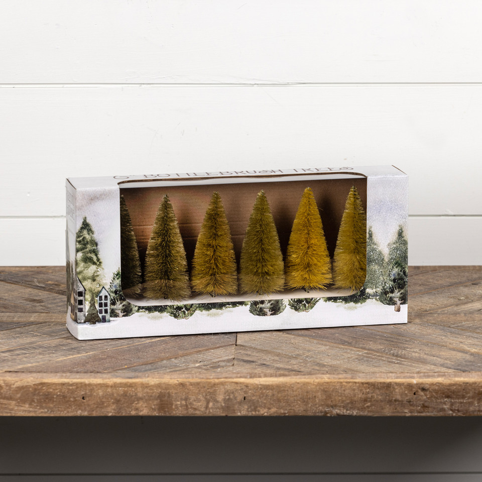 SET/6 - 6" MUSTARD HUES BOTTLE BRUSH TREES