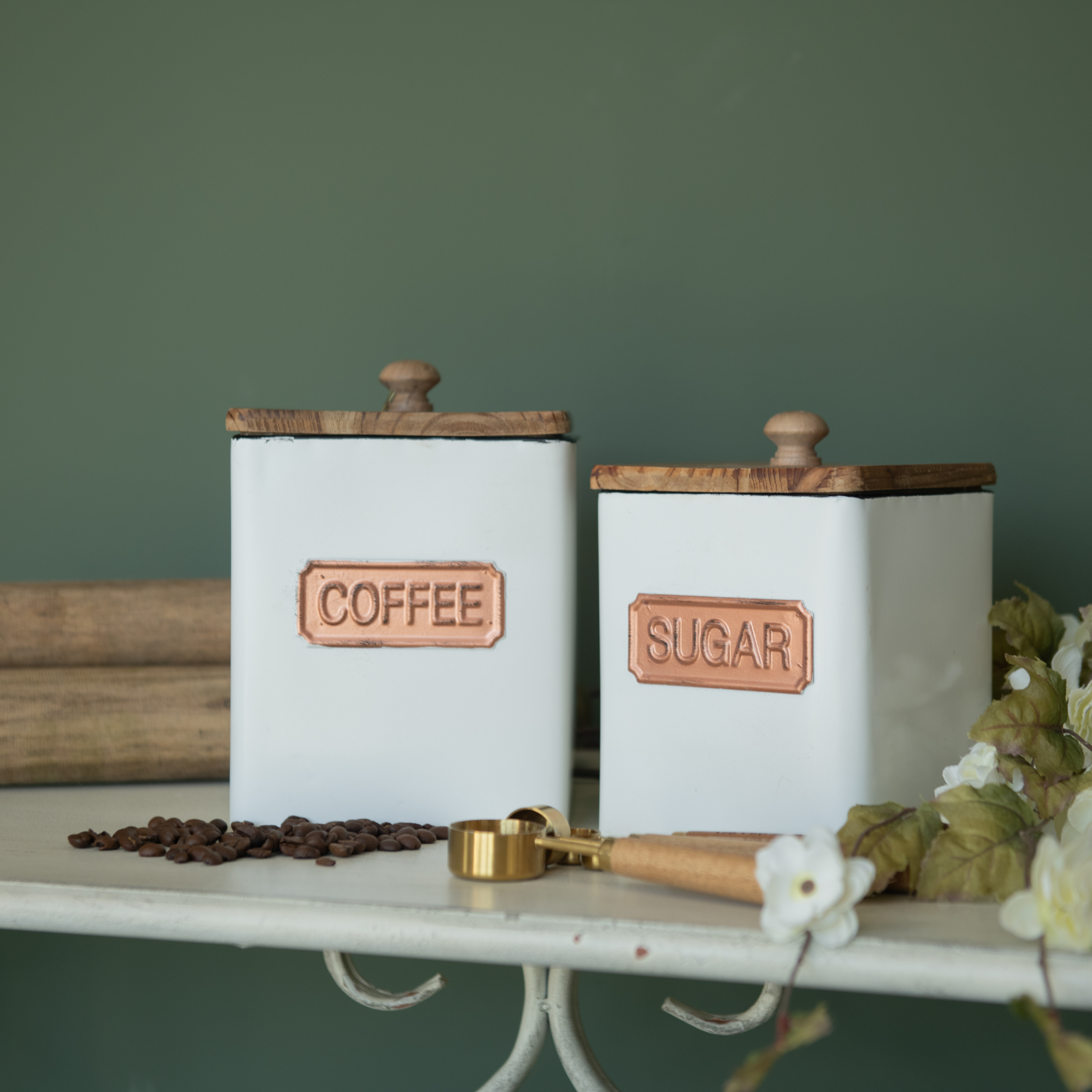 SET/ 2 COPPER & WHITE SQUARE CANISTERS