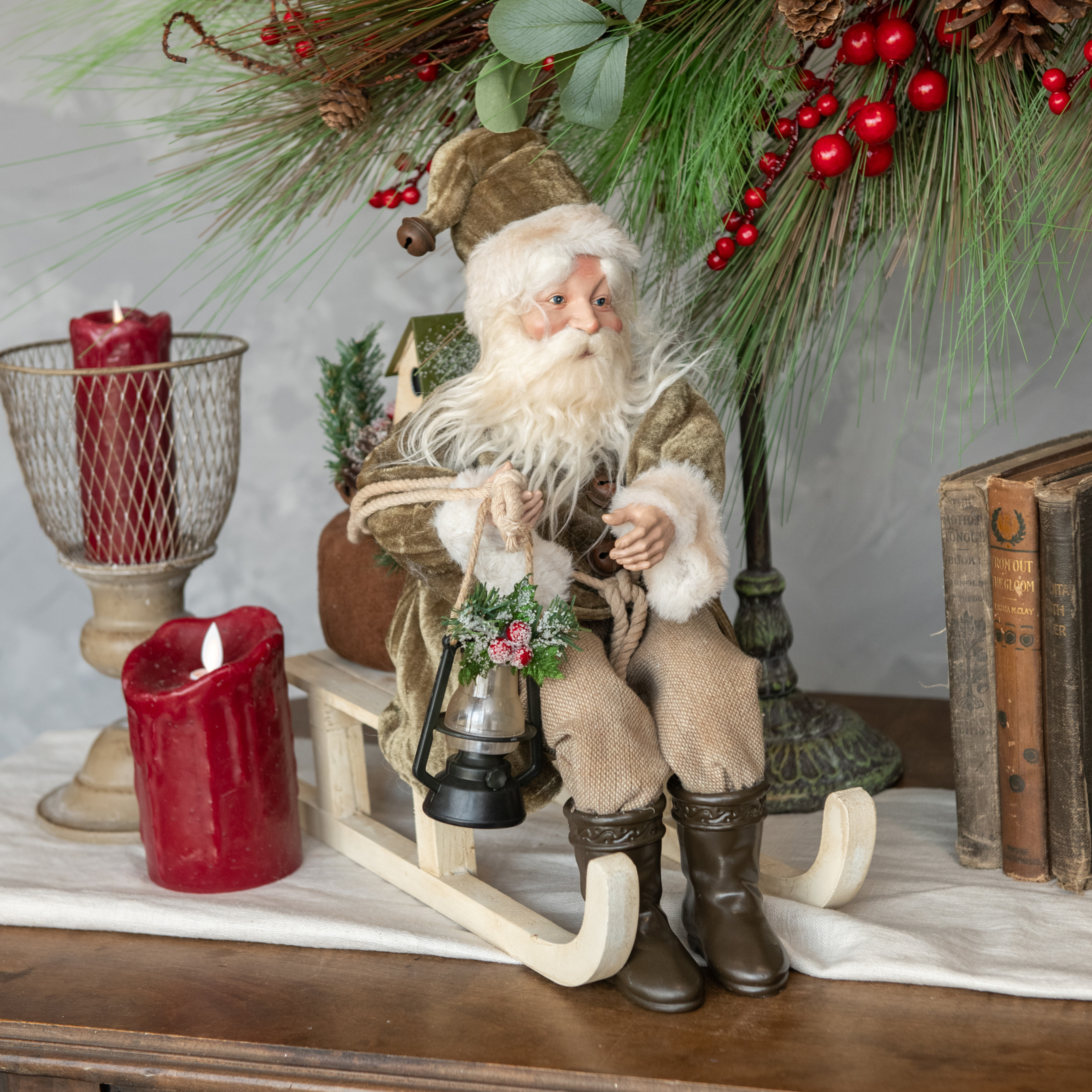 SANTA ON SLED W/ OLIVE GREEN COAT