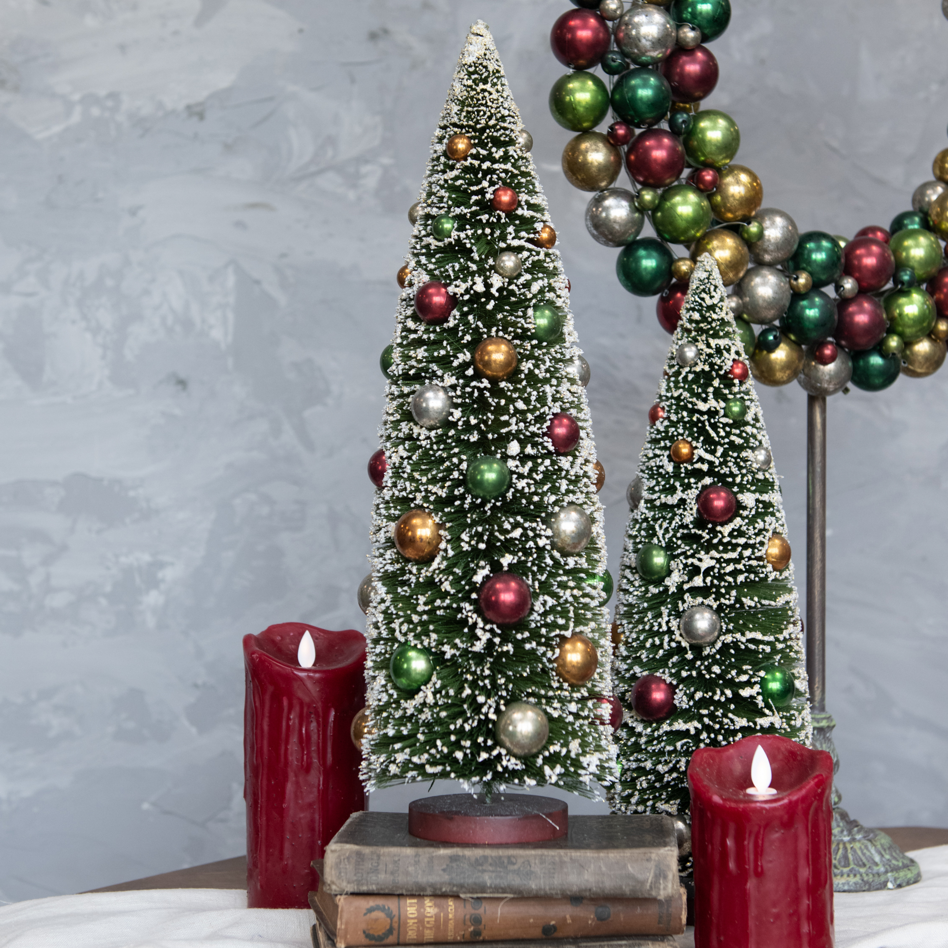 18" SNOWY TREE W/ MULTI-COLORED ORNAMENTS
