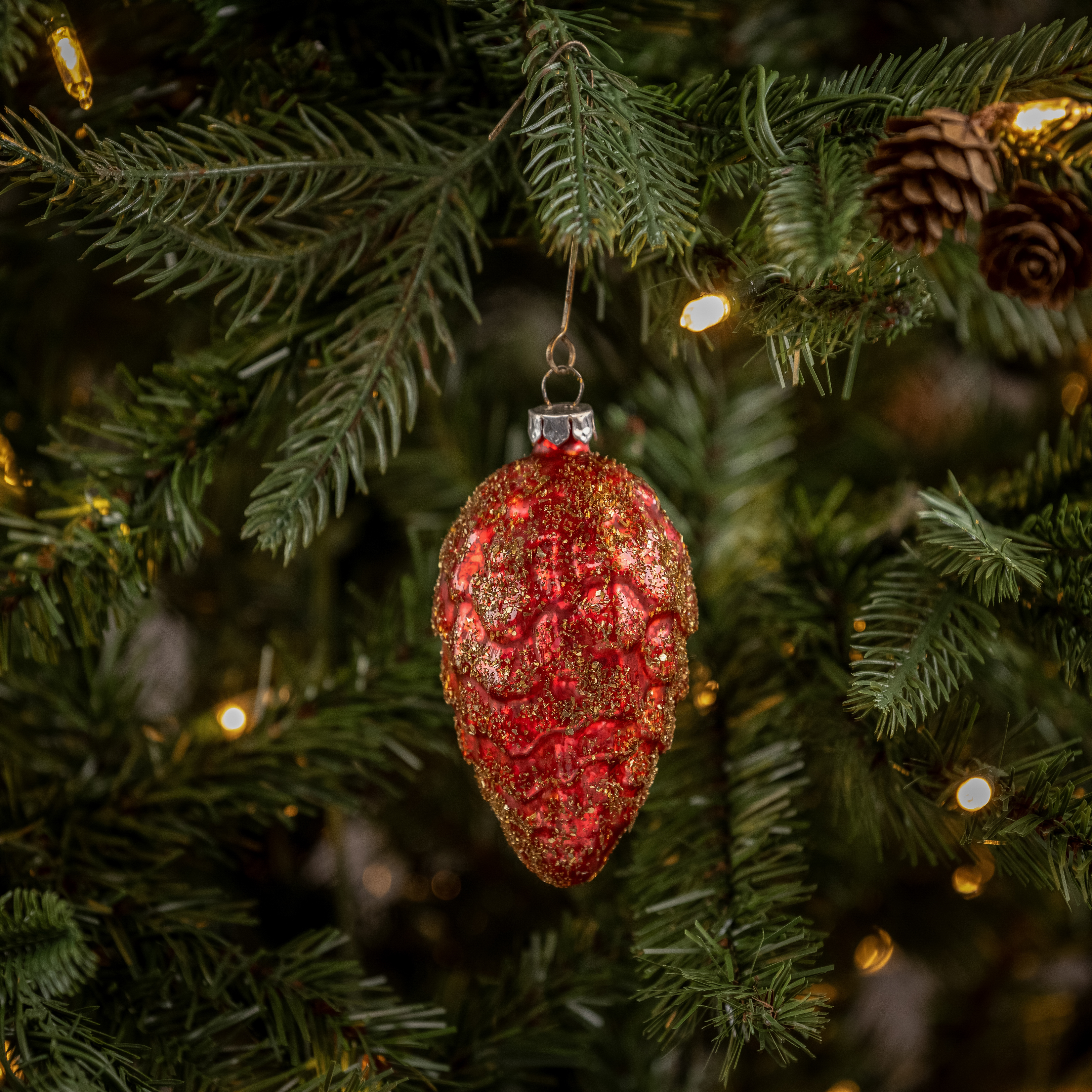 3.5" RED GLITTER DUSTED PINECONE ORNAMENT