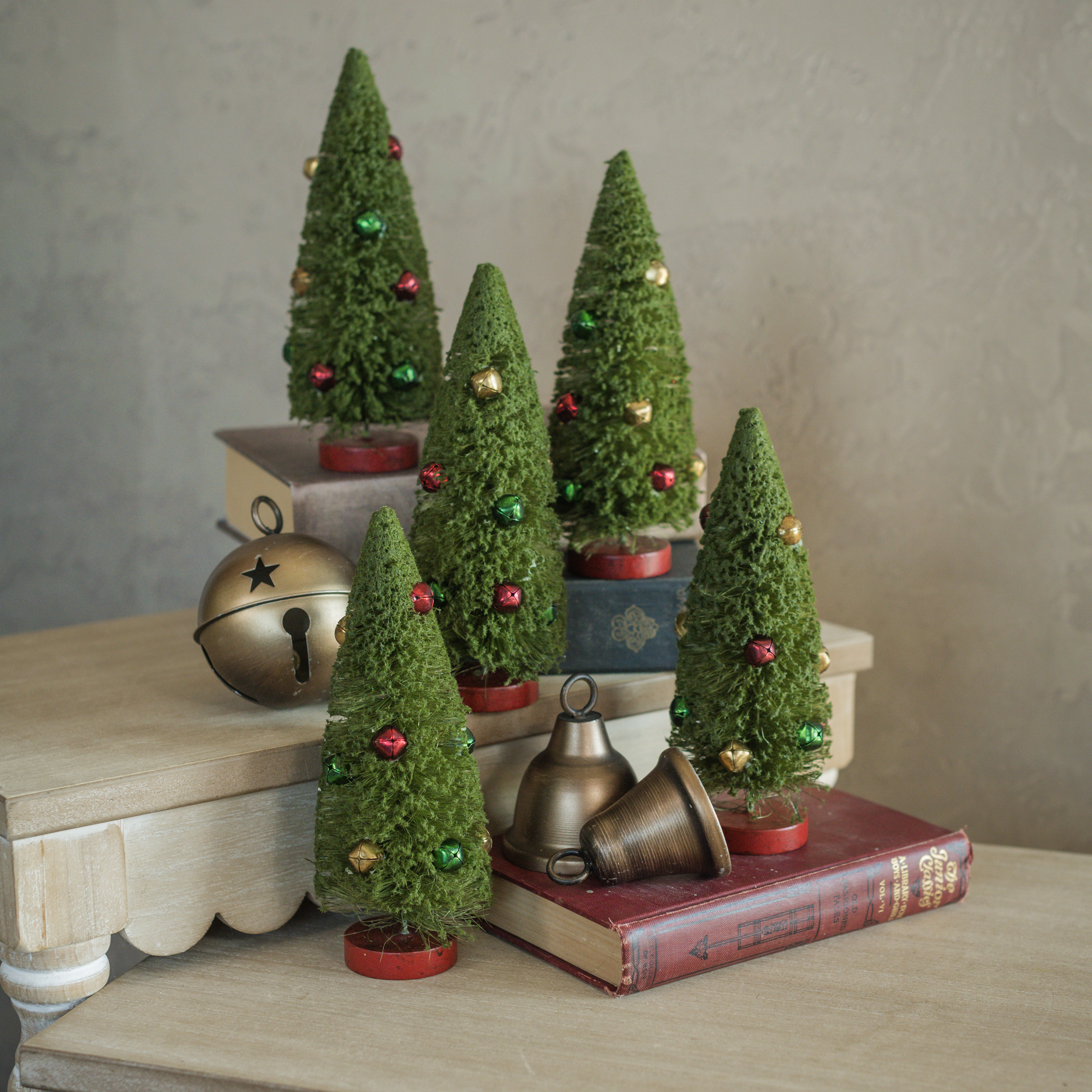 SET/ 5 - 8" GREEN BOTTLEBRUSH TREES W/ JINGLE BELLS